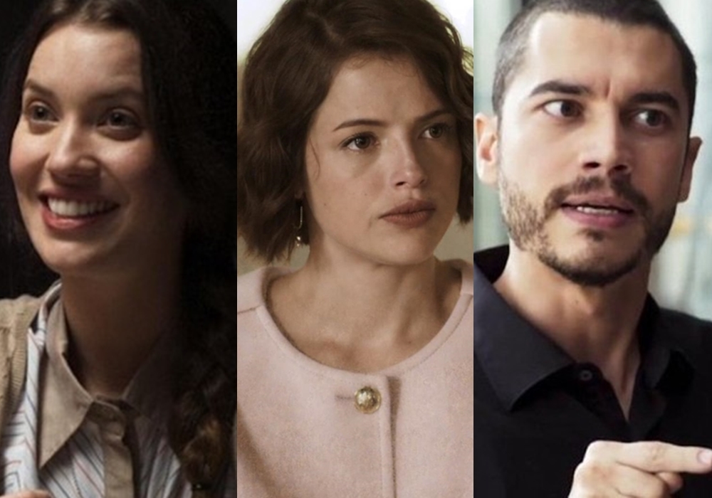 Fabiana (Nathalia Dill), Jô (Agatha Moreira) e Camilo (Lee Taylor) em destaque na novela A Dona do Pedaço, trama das nove da Globo. (Foto: Reprodução/Montagem)