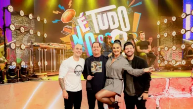 Benja, Mano, Helen Ganzarolli e Victor Sarro na estreia do É Tudo Nosso!